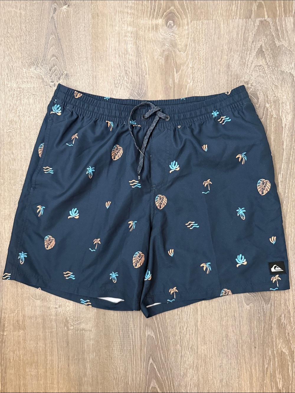 Quiksilver Navy Swim Trunks with Turquoise & Tan Tropical Accents